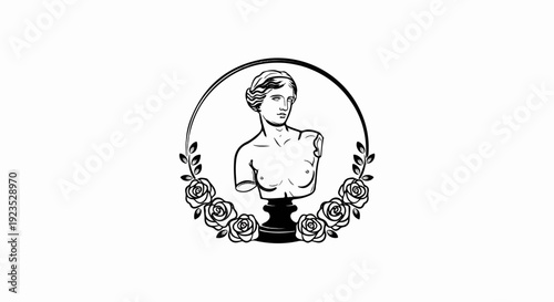 A black and white line drawing of a classical statue bust surrounded by a wreath of roses