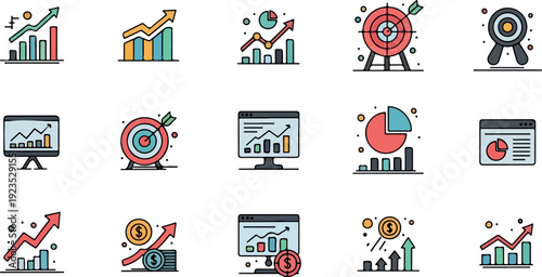 Business growth and success concept with graphs, target, and money