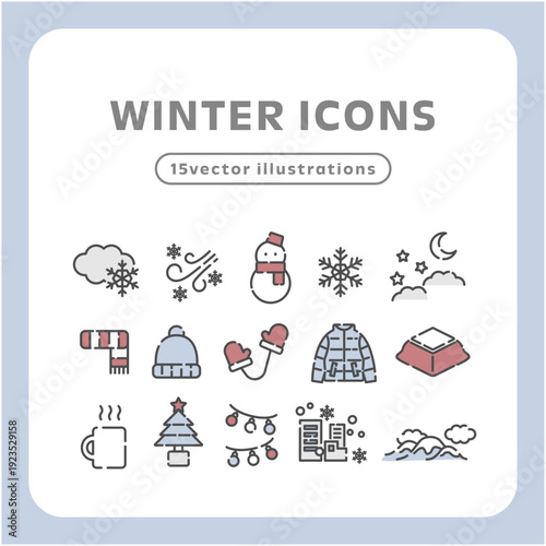 手描き風アウトラインの冬アイコン15点セット｜雪景色と防寒・クリスマス