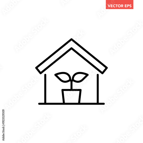 Black single indoor plant line icon, simple greenhouse with potted plant flat design vector pictogram, infographic interface elements for app logo web button ui ux isolated on white background