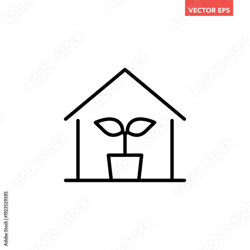 Black single greenhouse with potted plant line icon, simple indoor plant flat design vector pictogram, infographic interface elements for app logo web button ui ux isolated on white background
