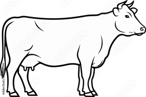 A black and white line drawing of a cow standing in profile