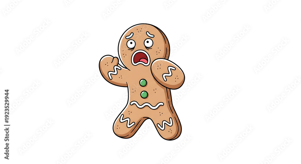 Obraz premium A cartoon character of a gingerbread man with a terrified facial expression and wide open mouth