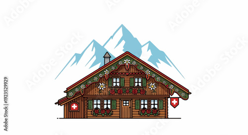 A charming wooden alpine house with floral decorations and Swiss flags