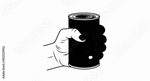 A hand firmly grasps a dark, cylindrical can against a white background