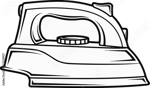 A black and white line drawing of a domestic steam iron, front view