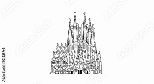 A detailed line drawing depicts a grand, ornate gothic structure with towering spires