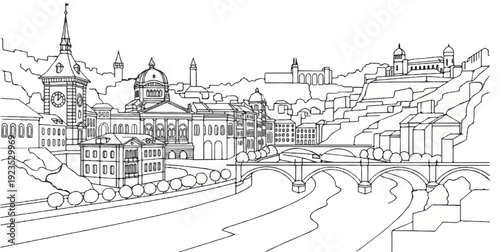 A detailed line drawing depicts a European city nestled beside a winding river with bridges