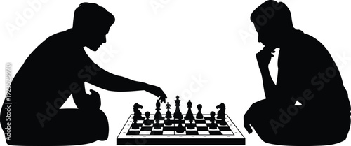 Two men playing chess silhouette, strategic board game competition, black and white vector illustration isolated background