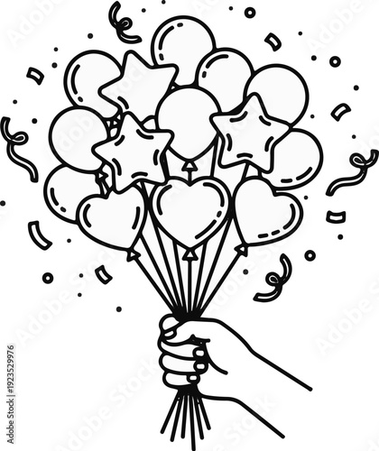 A hand holds a bouquet of balloons with confetti and streamers