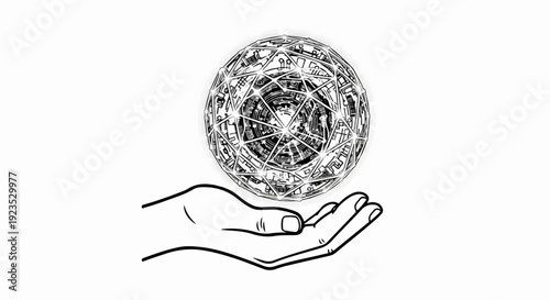 A hand cradles a complex, geometric sphere with internal glowing details