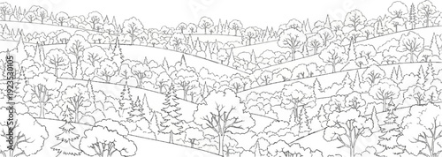 A detailed line drawing depicts rolling hills covered in trees, both deciduous and coniferous