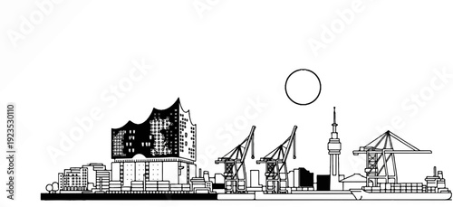 A black and white line drawing of a harbor city skyline with cranes and ships