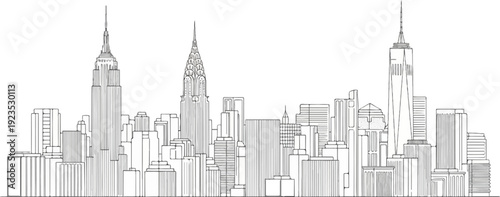 A detailed line drawing of a city skyline with famous skyscrapers