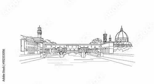 A black and white line drawing of a historic bridge with buildings lining the sides