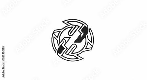 A stylized circular emblem with sharp, angular black elements and white space