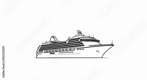A black and white line drawing of a large passenger cruise ship