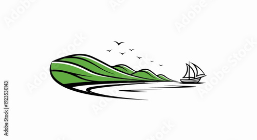 A serene landscape with rolling green hills, water, birds, and a sailboat
