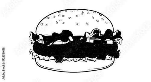 A black and white line drawing of a large, layered hamburger with sesame seeds