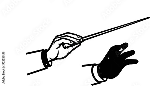 A hand in a suit holds a baton, while another hand is clenched