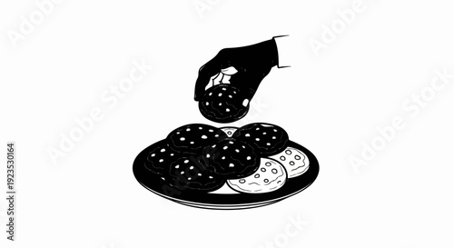 A hand is adding a cookie to a plate full of cookies