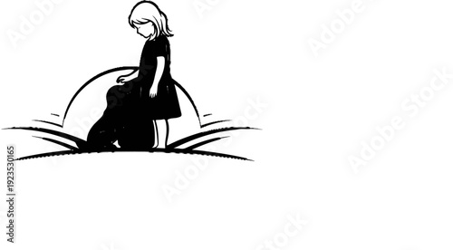 A child and a dog sit together in a brush stroke illustration