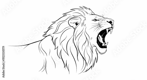 A black and white line drawing of a lion roaring with mouth open and teeth showing