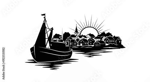 A solitary fishing boat sails by a serene village at sunrise