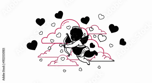 A cherubic figure with wings holds a bow and arrow amidst pink clouds and hearts