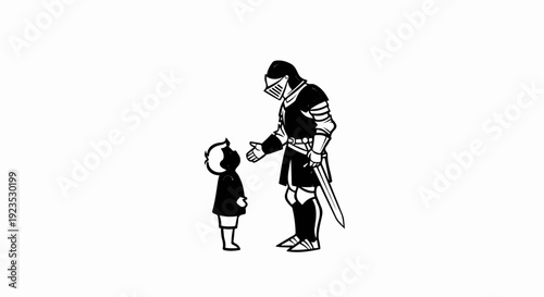 A child and knight shake hands on a white background