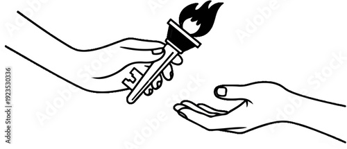 A hand passes a lit torch to another open hand