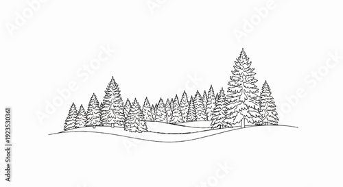 A hand-drawn, black and white sketch of a snow-covered evergreen forest on rolling hills