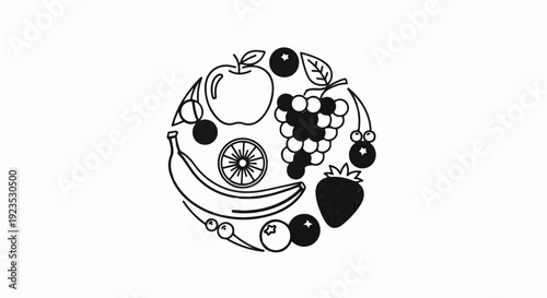 A circular arrangement of various fruits in a simple line art style