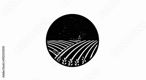 A circular, black and white illustration of a farm scene at dusk