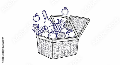 A hand-drawn picnic basket overflowing with assorted fruits and a bottle of wine
