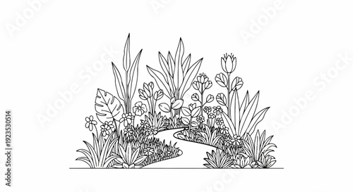 A winding path meanders through a lush garden filled with diverse flora and blooming flowers