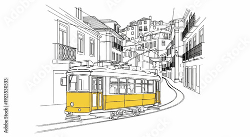 A hand-drawn sketch of a yellow tram car on a narrow city street