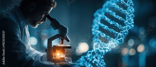 Scientist working with microscope in laboratory, DNA illustration, double exposure.