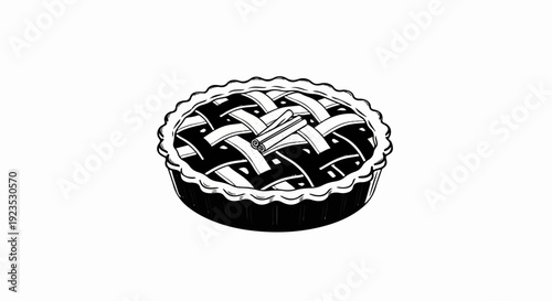 A rustic black and white illustration of a pie with cinnamon sticks
