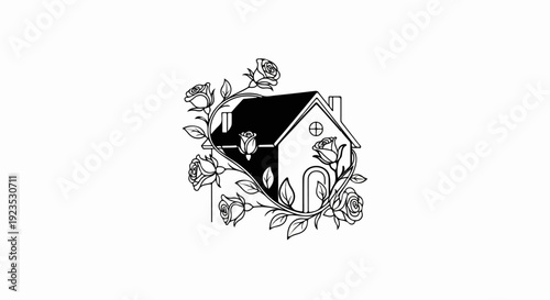 A stylized house with roses entwined around it