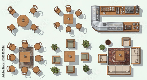 Top-down view of various tables and chairs arrangement in a restaurant setting.