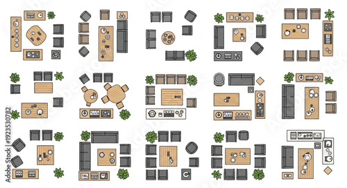 Top-down view of various furniture arrangements and interior design layouts.