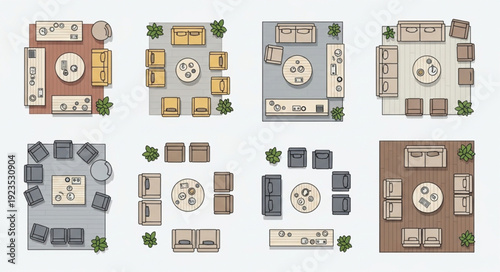 Top-down view of various interior design layouts and furniture arrangements.