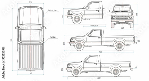 Technical Drawing of Pickup Truck.