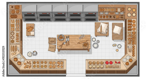 Bakery interior design with display counters and baking equipment layout.