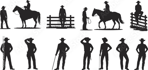 Western cowboy silhouette set with horse riding poses, ranch fence scenes, black vector illustration isolated on white backgroundWestern cowboy silhouette set with horse riding poses, ranch fence s