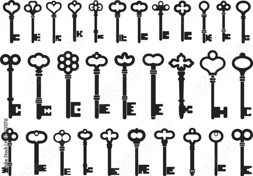 Vintage skeleton key collection silhouette, antique ornate key shapes set isolated on white background classic locksmith vector illustration