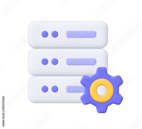 White server with purple gear. Technology, cloud computing, hosting, devops, system settings, configuration, data management and IT concept. 3d vector icon. Cartoon minimal style.
