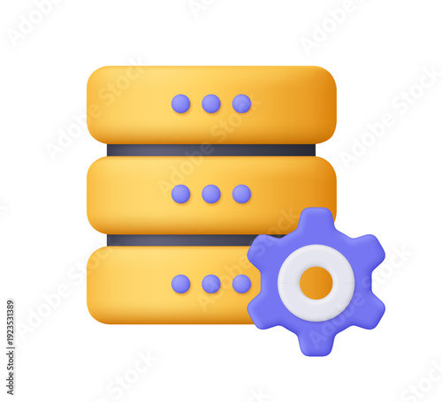 Yellow server with purple gear. Technology, cloud computing, hosting, devops, system settings, data management and IT concept. 3d vector icon. Cartoon minimal style.