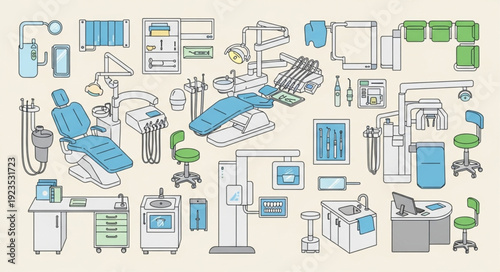Dental clinic equipment illustration, detailed drawing of medical tools and furniture.